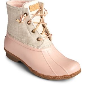 Pink and tan Sperry saltwater duck boots